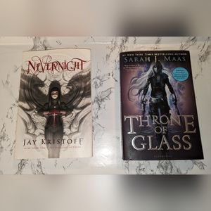 2 paperback books Throne of Glass and Nevernight.